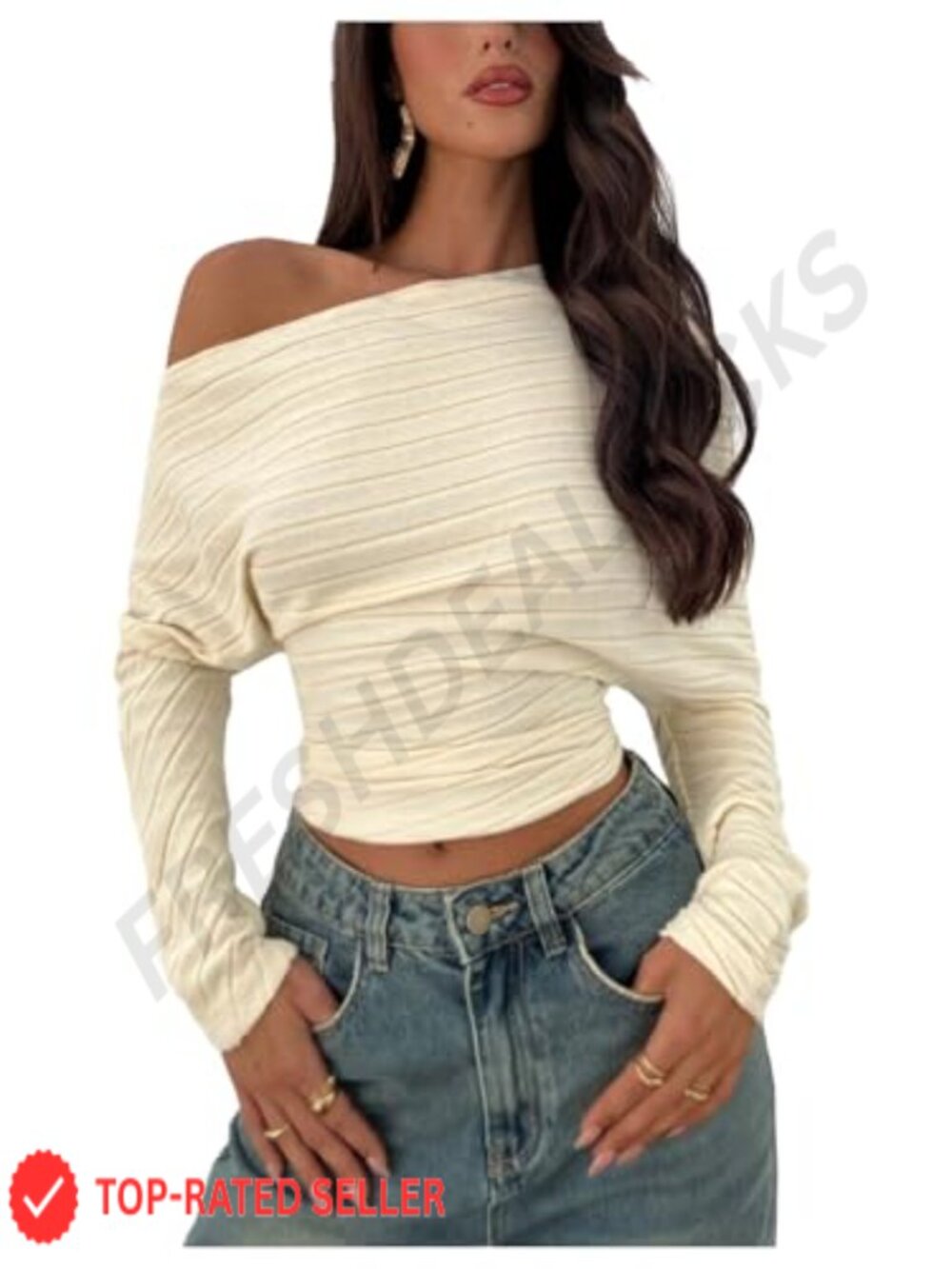 Off Shoulder Rib Knit Fitted Pullover Crop Sweater Asymmetric Neck